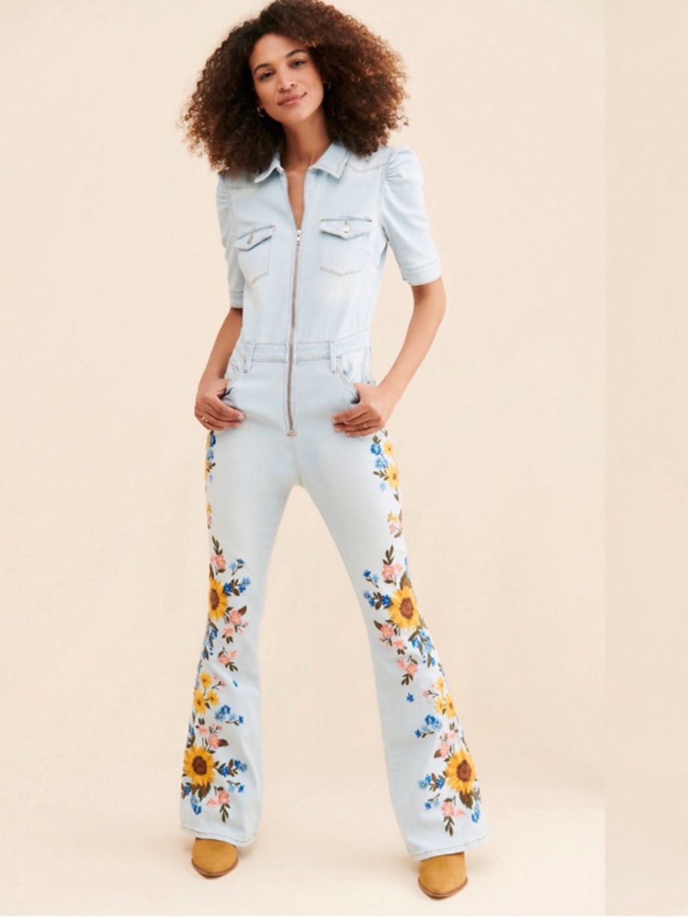 Free People Driftwood Light Blue Floral Embroidered Denim Jumpsuit